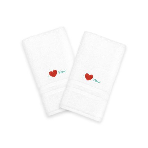 I Love You Embroidered Hand Towels - Aqua