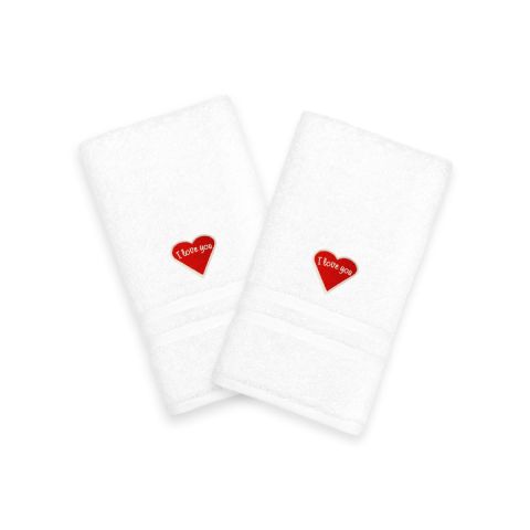 I Love You Embroidered Hand Towels - Red Heart